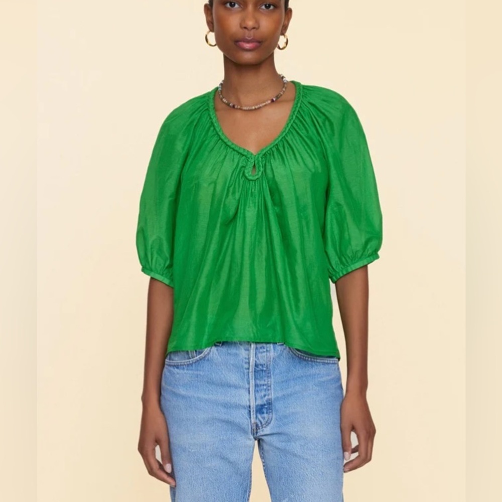 XiRENA Blythe Cotton-Silk Braided Trim Lightweight Top in Jade Gem size S